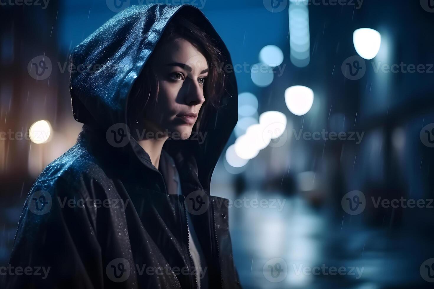 AI generated cinematic portrait of stranger on night street in thriller style, neural network generated photorealistic image photo
