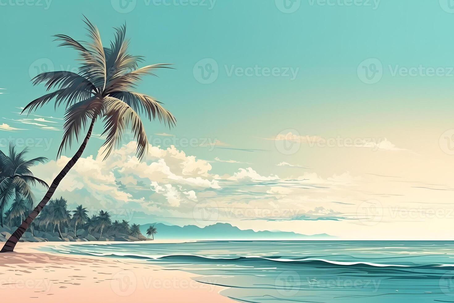 AI generated tropical beach view at day time with white sand, turquoise water and palm tree, neural network generated image photo