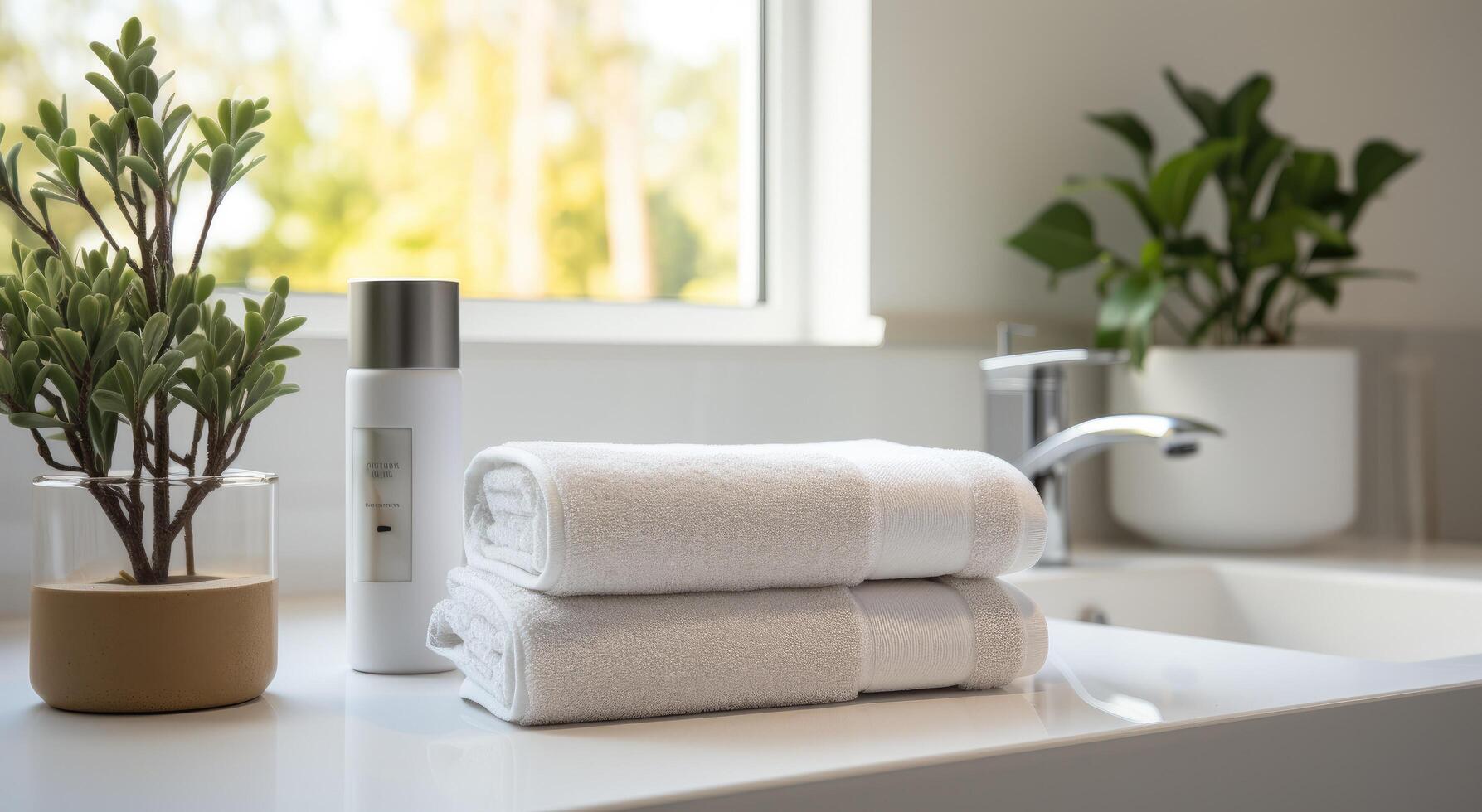 AI generated a pair of stacked towel towels on a bathroom countertop photo