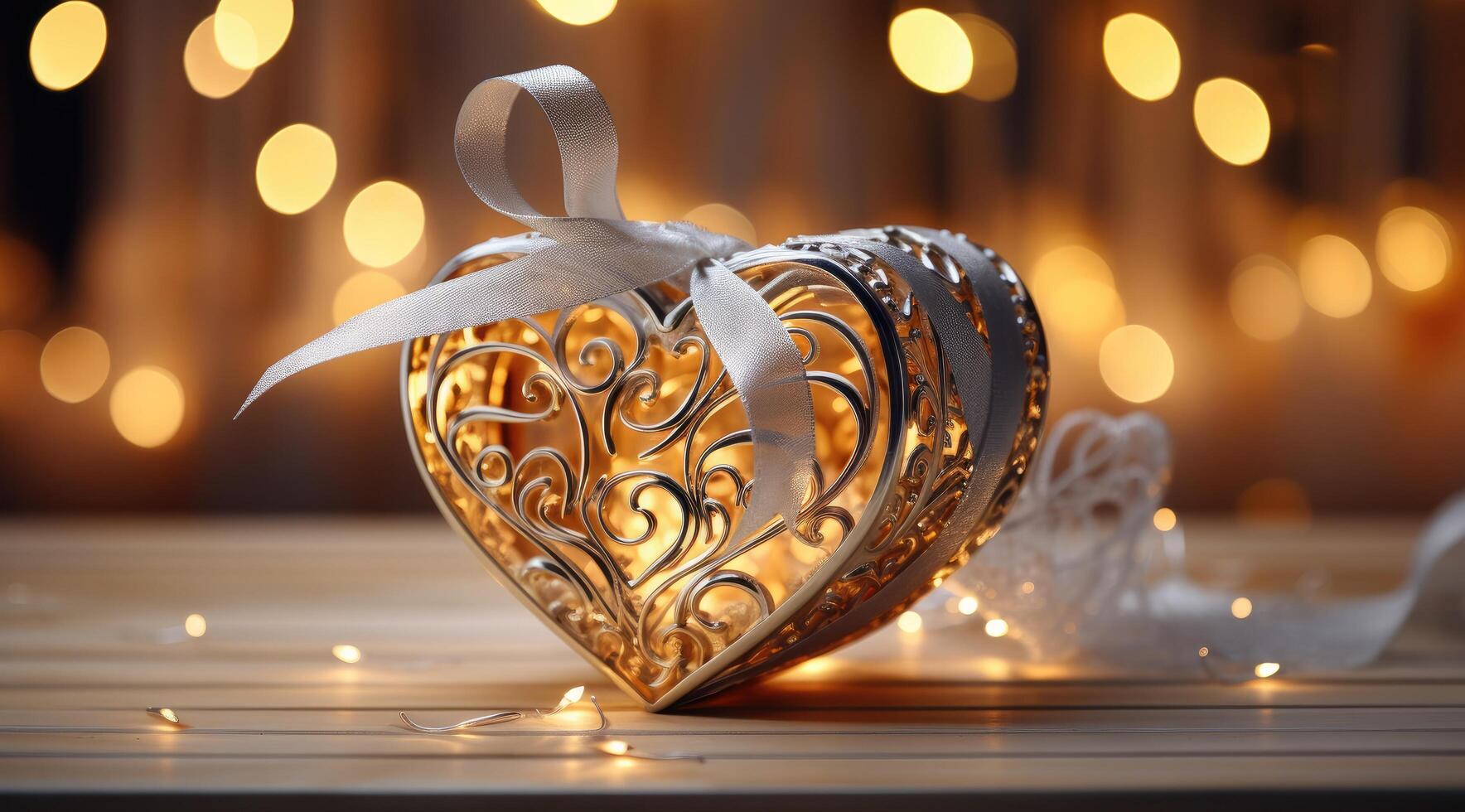 AI generated a heart shape gift box on top of an ornamental table photo