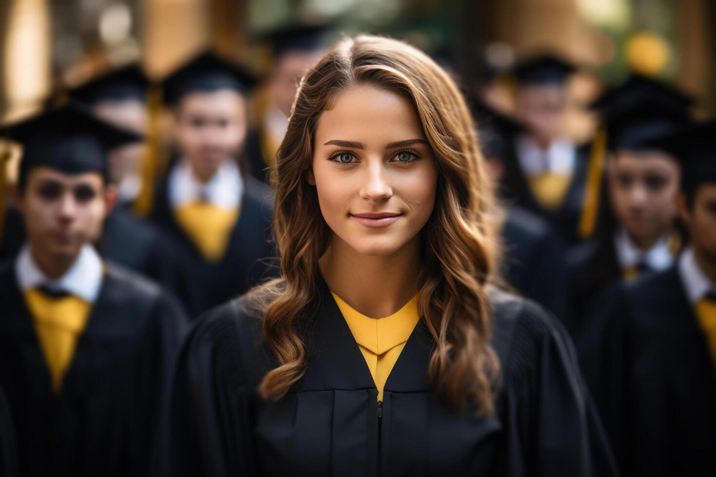 AI generated a graduate smiling in graduation gown in front of a group of graduating seniors photo