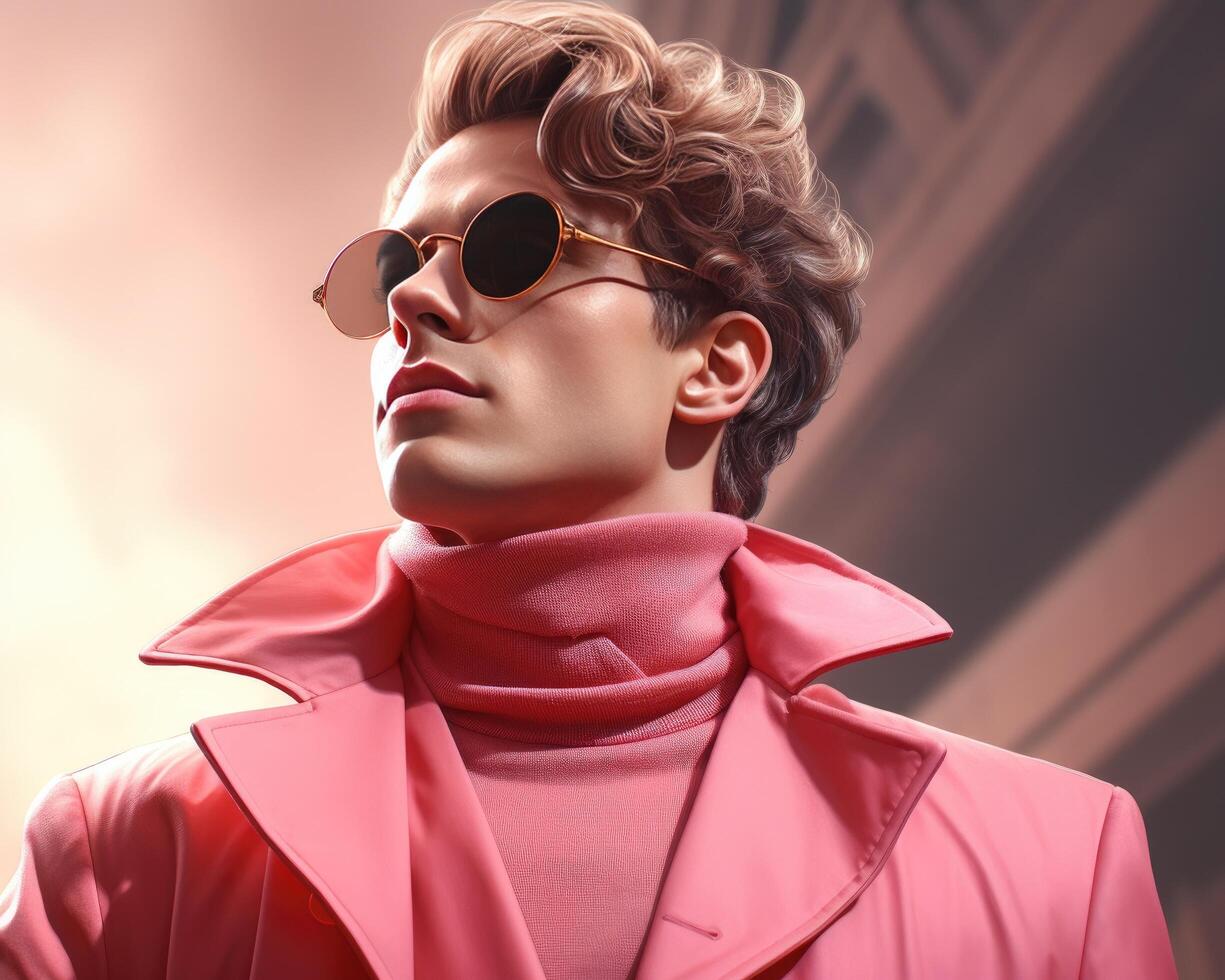 AI generated a man wearing oversized blazer and black sunglasses, while wearing a pink jacket and jeans photo