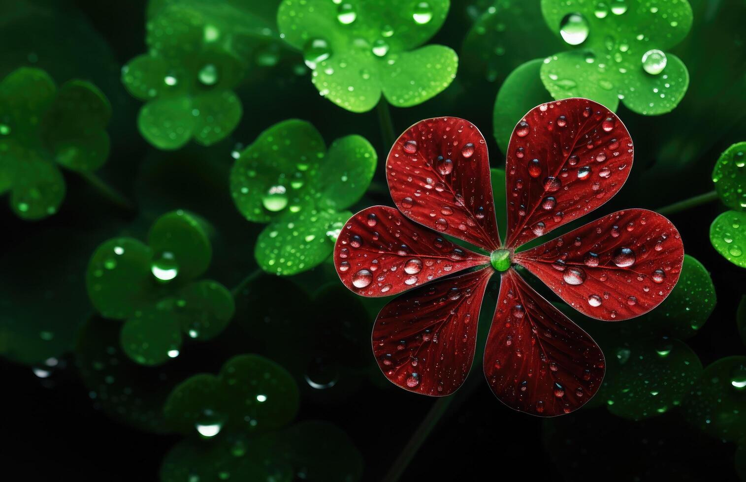 AI generated a small red four leaf clover with water drops, photo