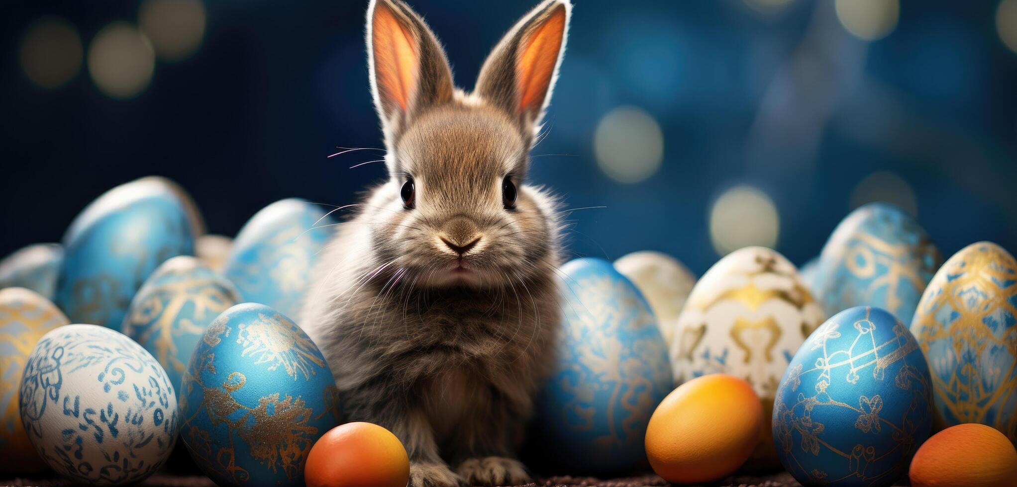 AI generated a small rabbit sits next to a bunch of colored easter eggs, photo