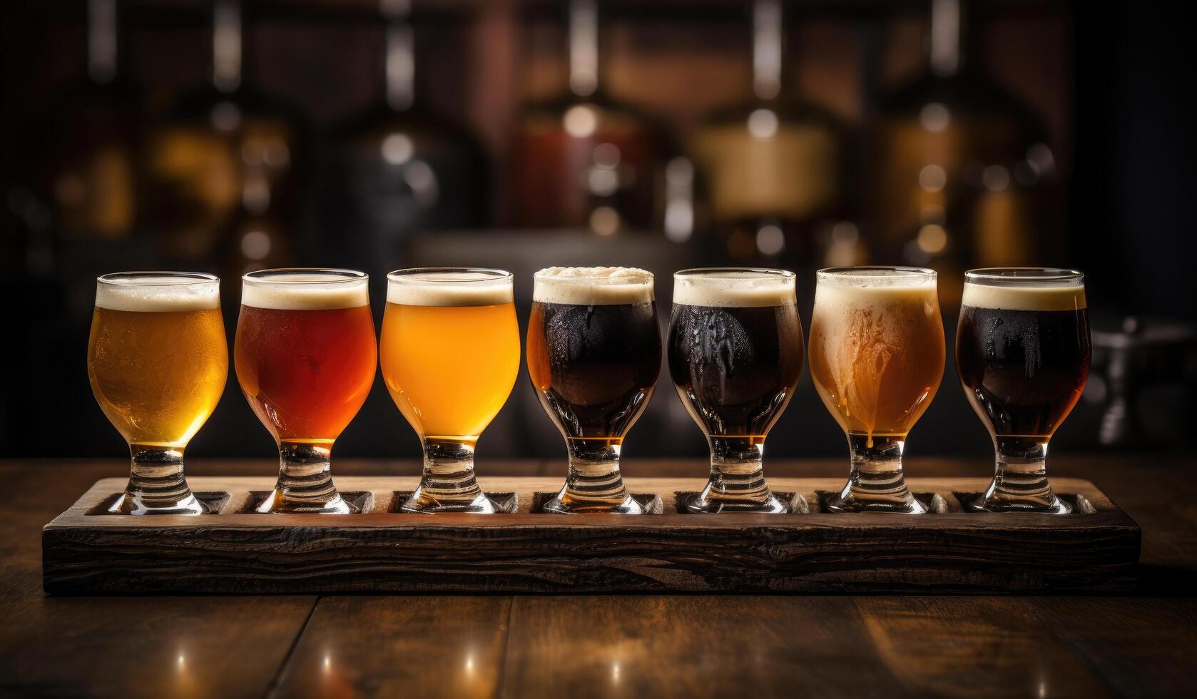 AI generated a tray of different beers lined up on a table photo