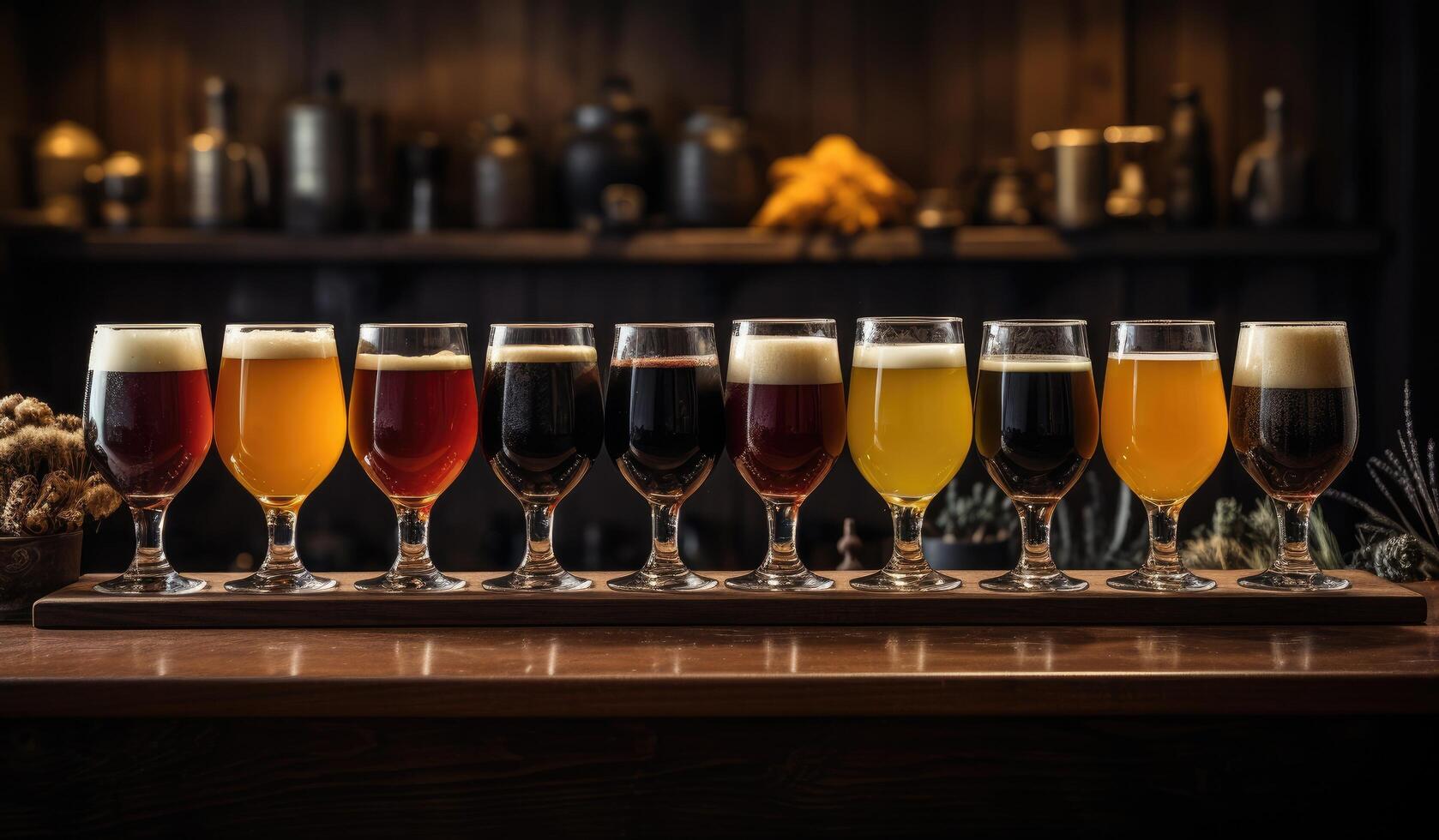 AI generated a line of craft beer glasses on a countertop photo