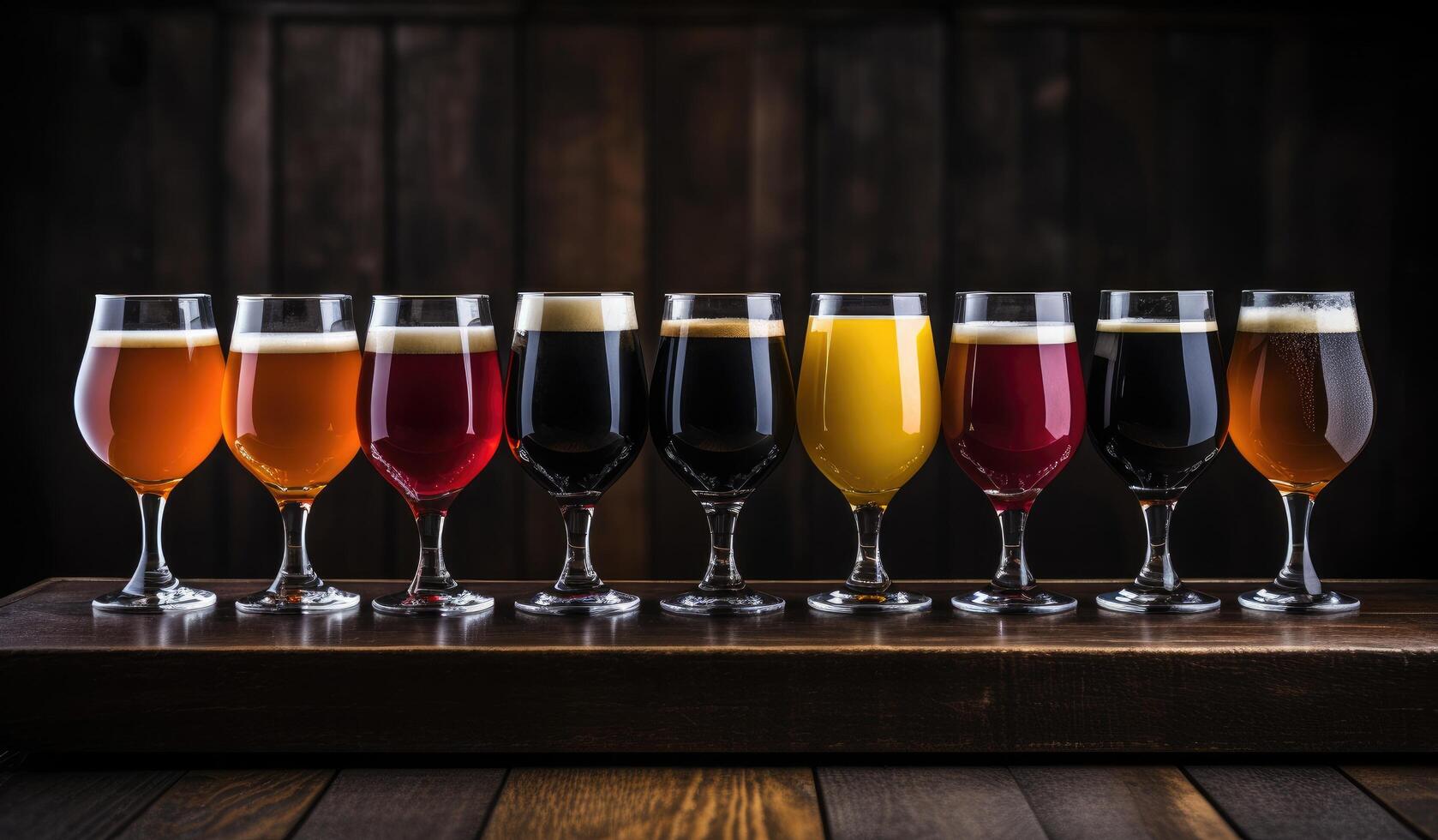 AI generated a line of craft beer glasses on a countertop photo