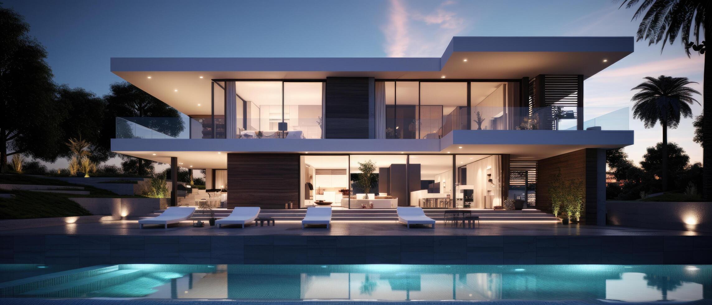 ai generado un representación de un moderno casa con piscina foto