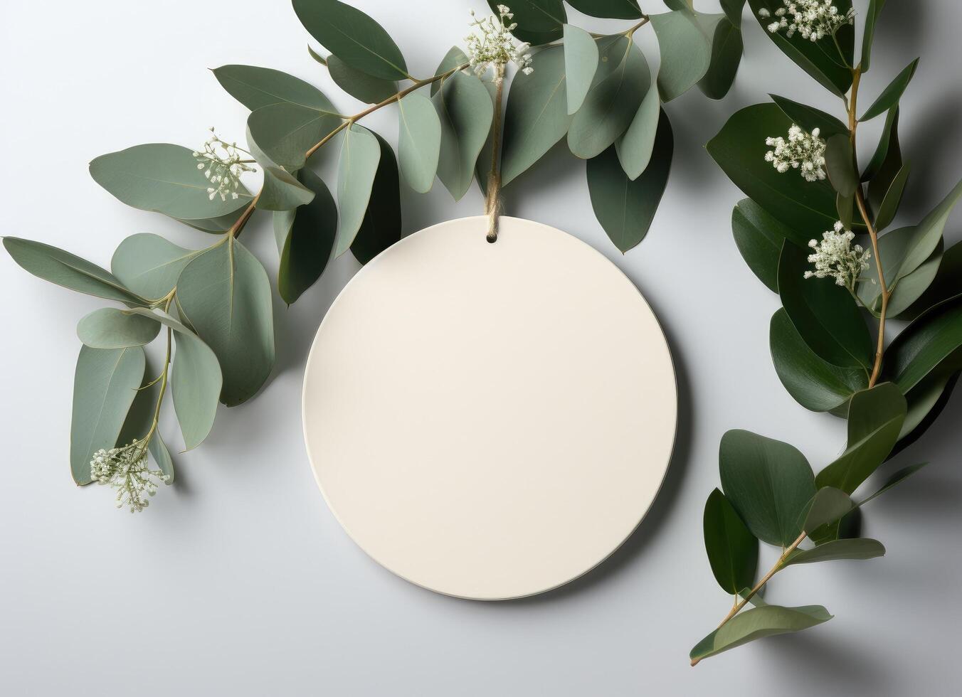 AI generated a white circle with eucalyptus leaves on it, photo