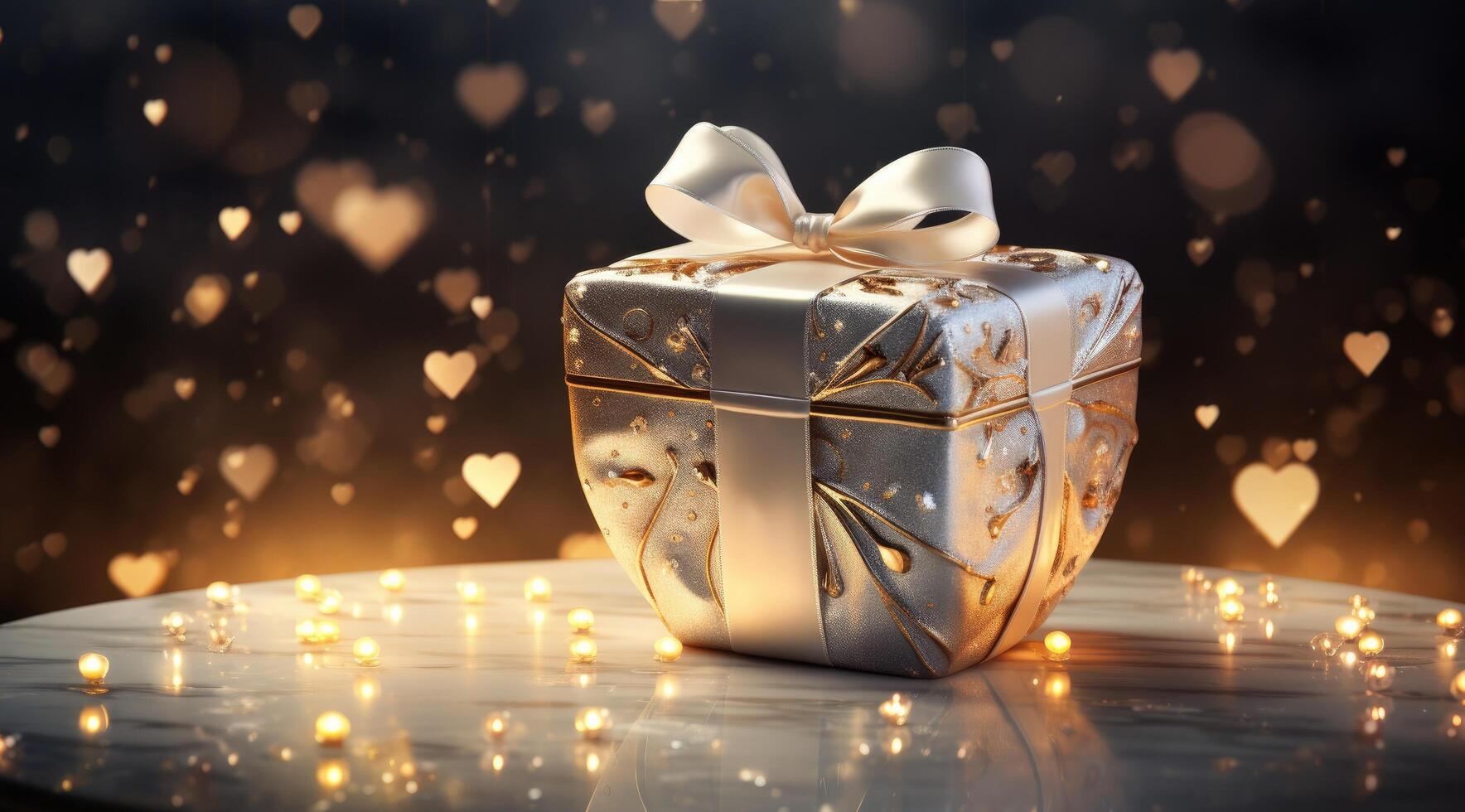 AI generated a silver heart gift box with bow and golden ribbon on a sunny night sky photo