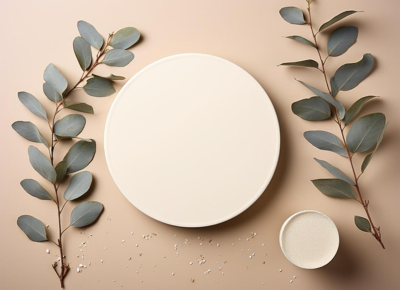 AI generated a white circle with eucalyptus leaves on it, photo