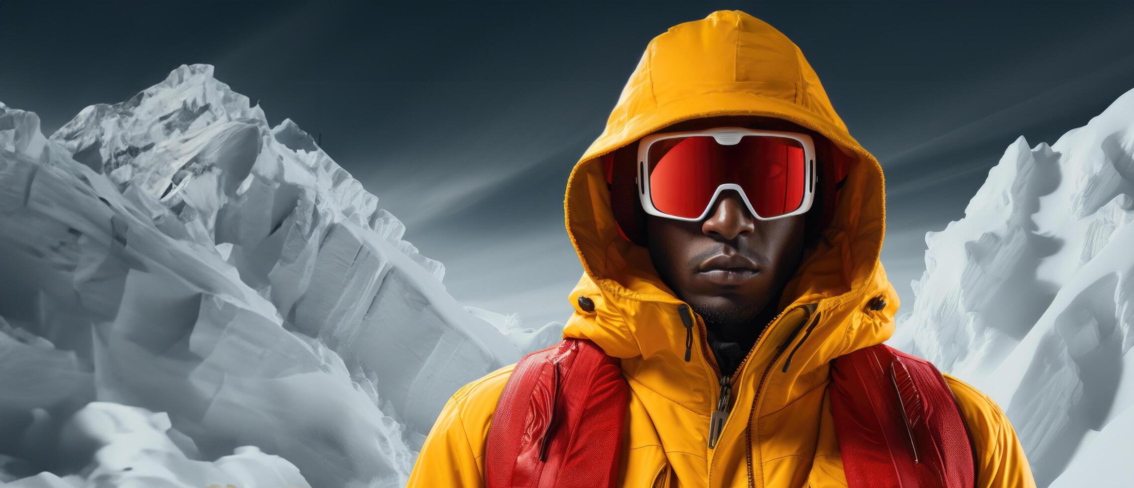 AI generated a man wearing a red winter coat in the yellow snow, with yellow goggles photo