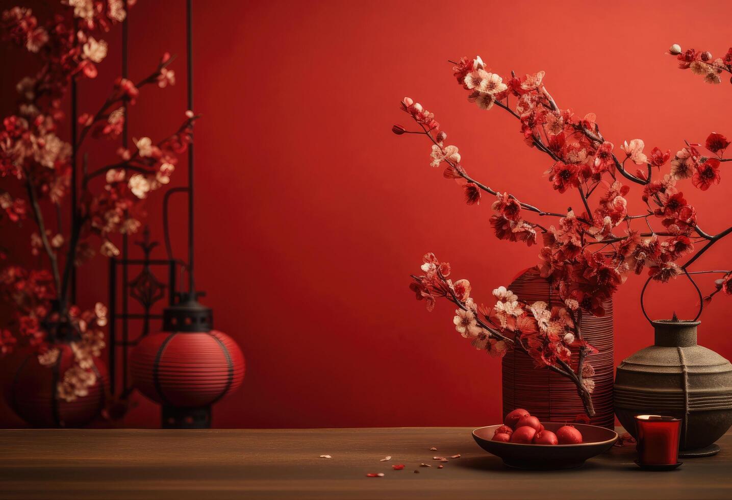 AI generated a red background with some papers and paper lanterns photo