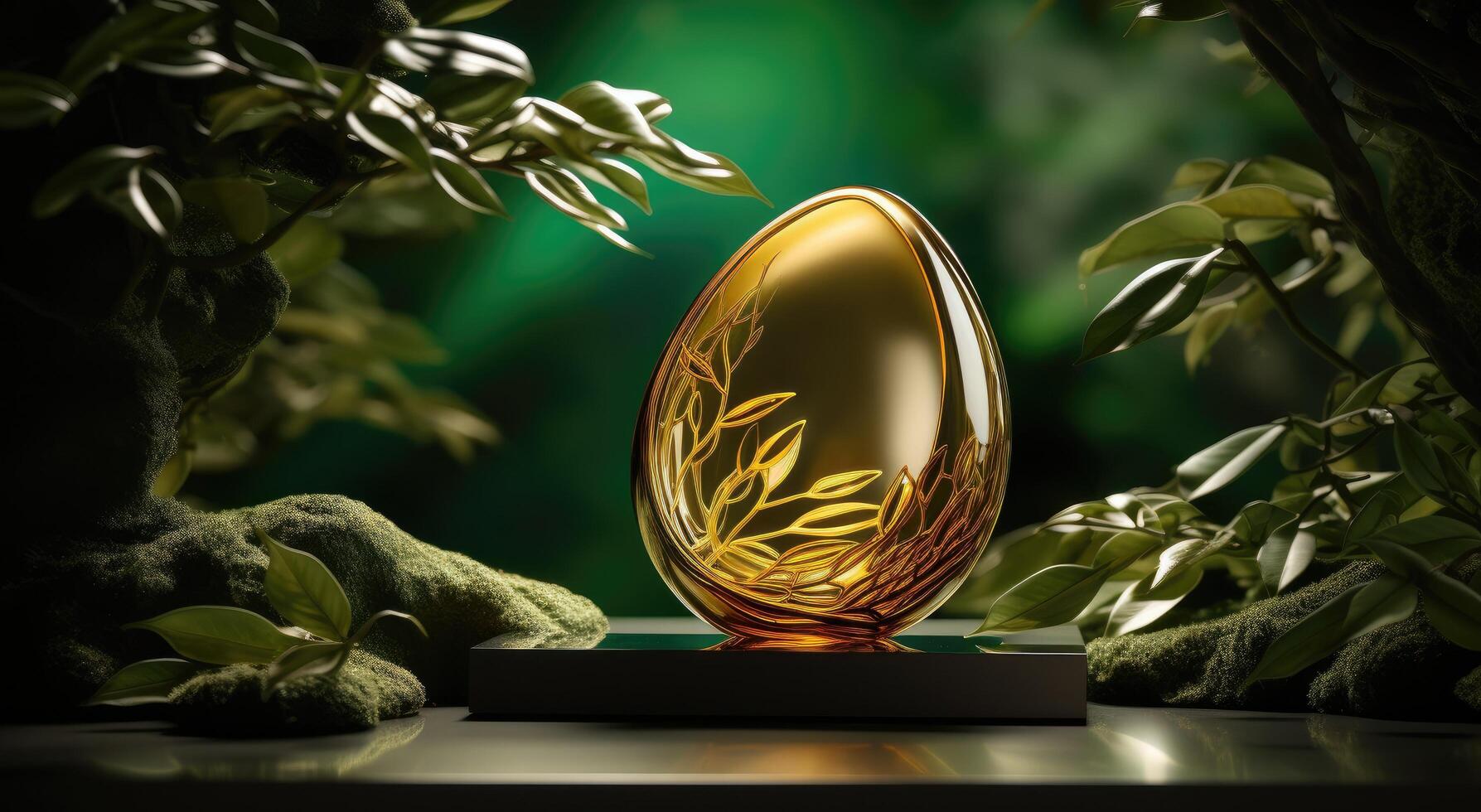 AI generated a golden egg in the nest of a tree in the sunlight with a wooden board photo