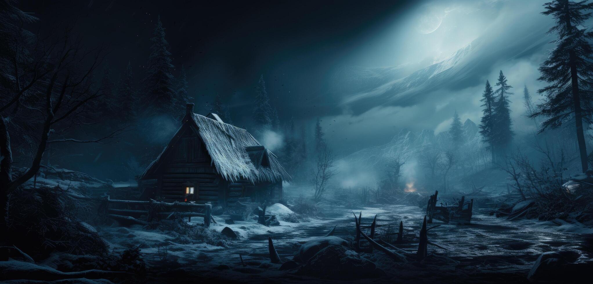 AI generated a dark hut with snow blowing around it in the woods photo