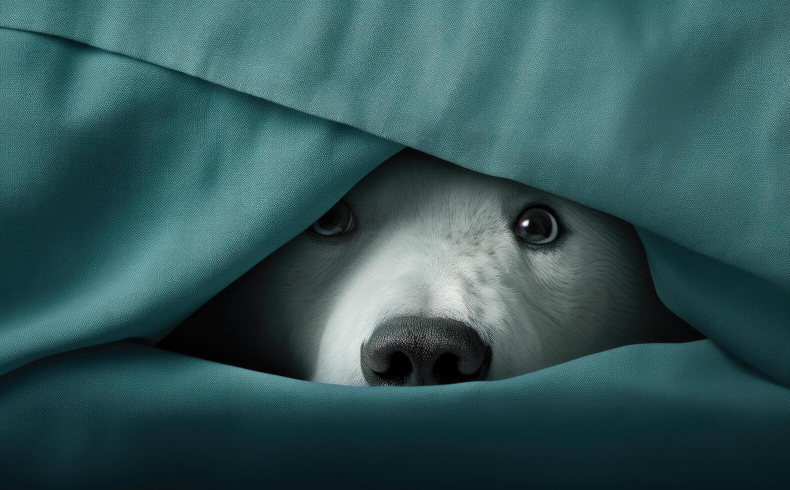 AI generated a white polar bear peeking through a piece of blue paper photo