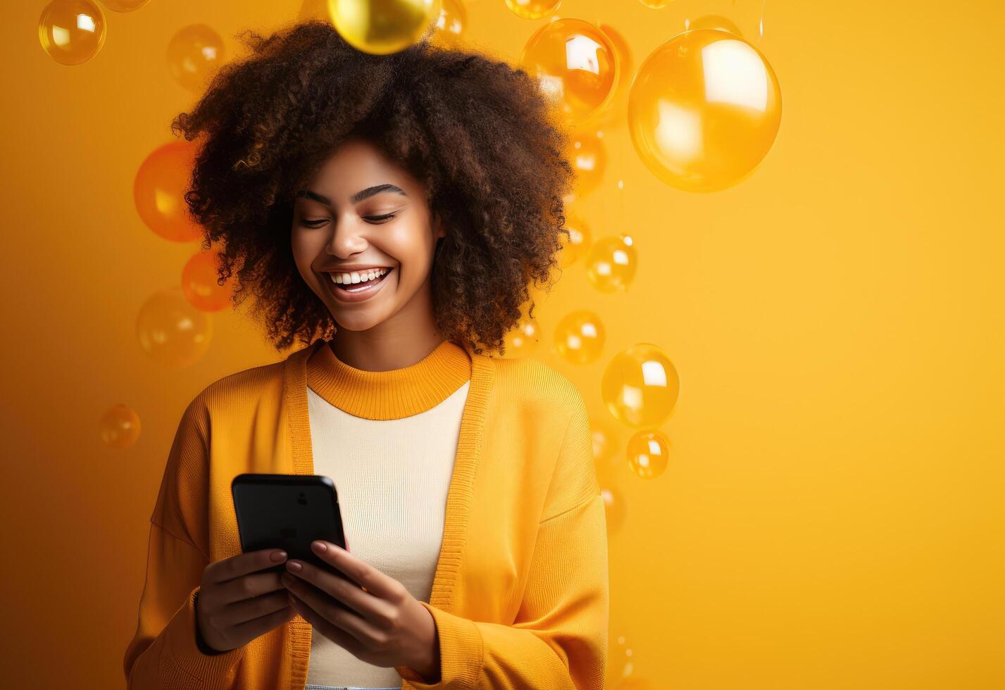 AI generated a woman smiling while using her phone, with a smart phone, photo
