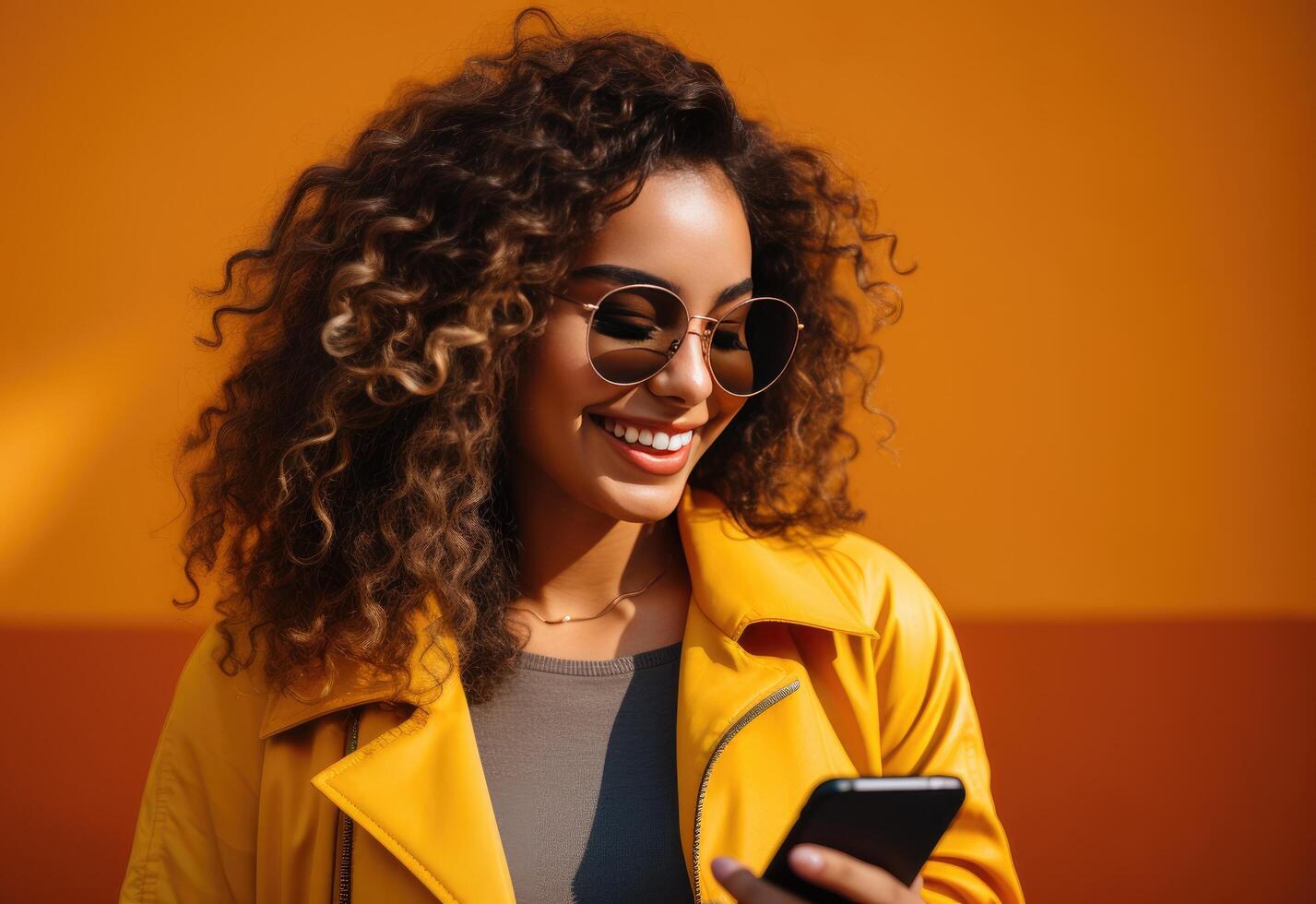 AI generated a woman smiling while using her phone, with a smart phone, photo