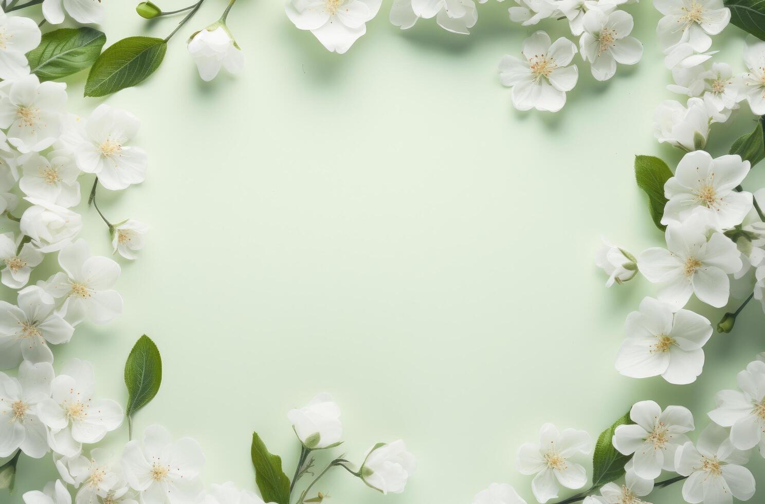 AI generated a white frame of blossoms surrounds a green surface, photo