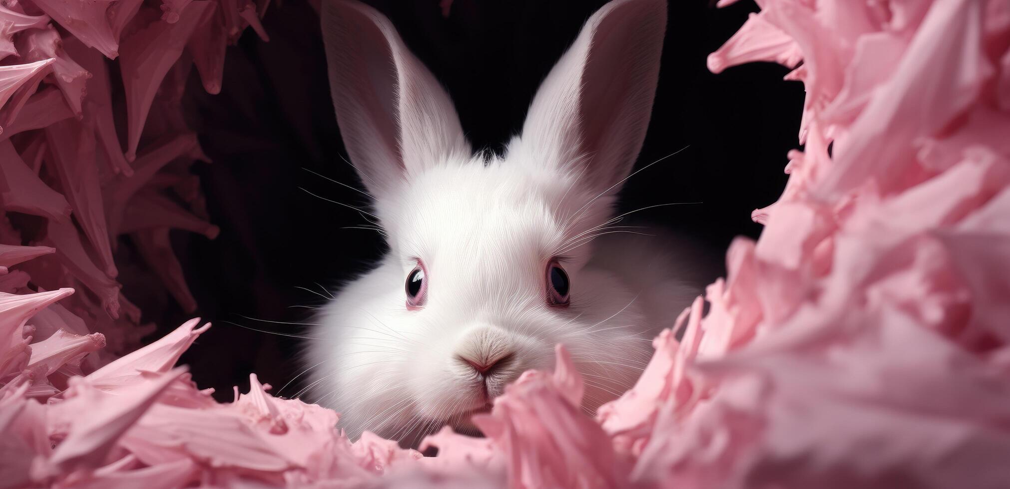AI generated a white rabbit looking out of a small hole, photo