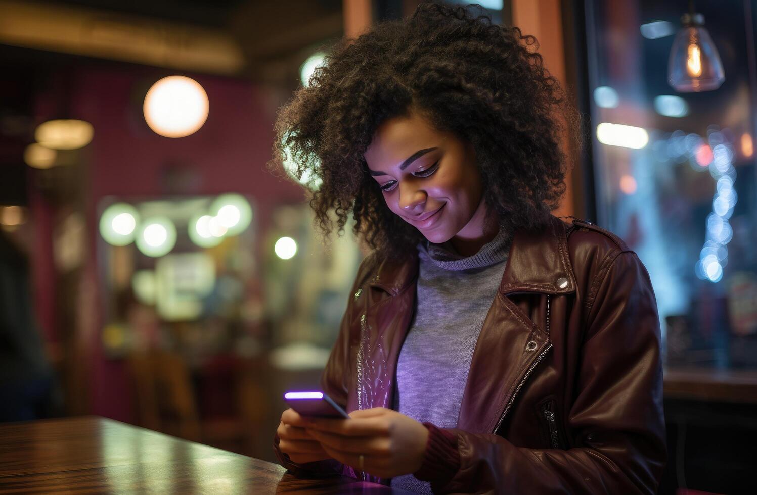 AI generated a woman smiling while using her phone, with a smart phone, photo