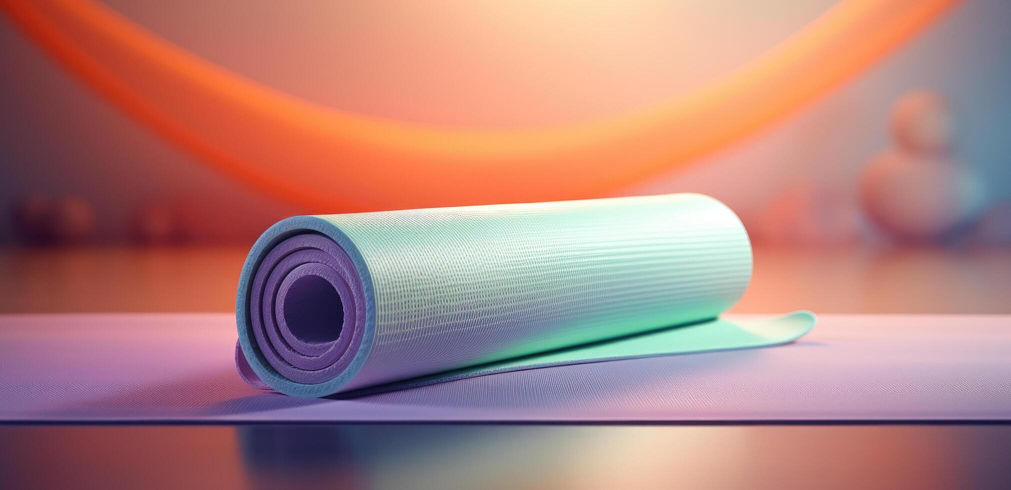 top view yoga mat roll on black rubber background, Purple yoga mat
