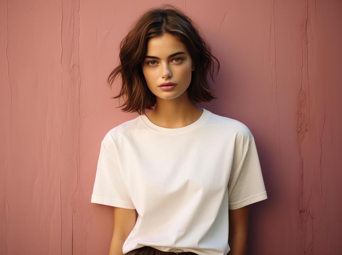 AI generated a girl in a white shirt and a black pair of jeans posing against a pink wall, photo