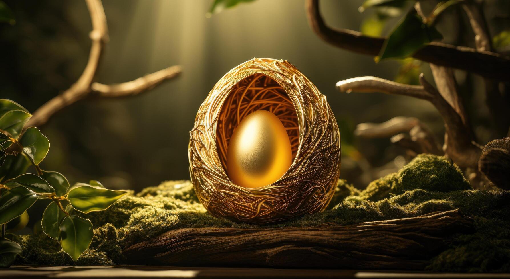 ai generado un dorado huevo en el nido de un árbol en el luz de sol con un de madera tablero foto