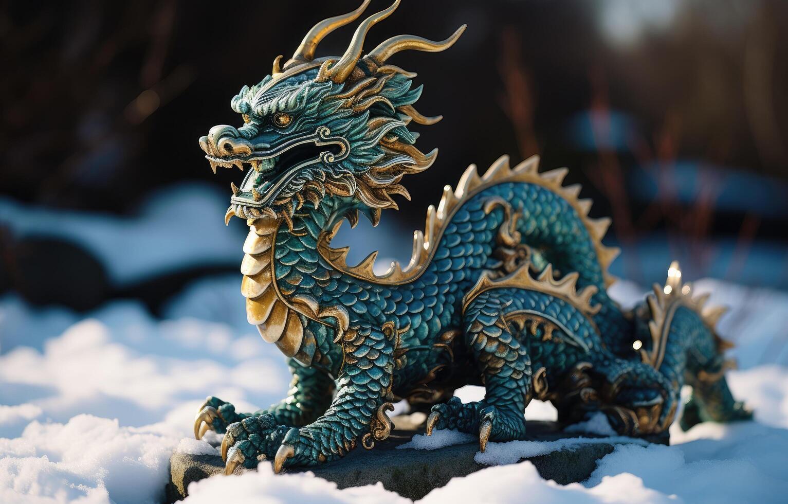 AI generated an animated dragon sitting with his head on a snowy snowy ground photo