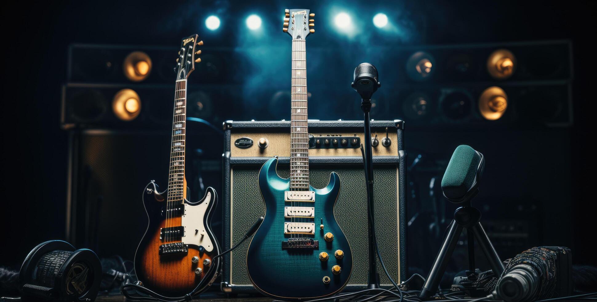 ai generado un amperio y micrófono con guitarras en frente de ellos foto