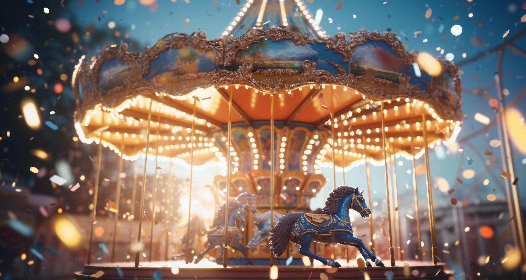 AI generated confetti falls onto a carousel in a crowded place photo