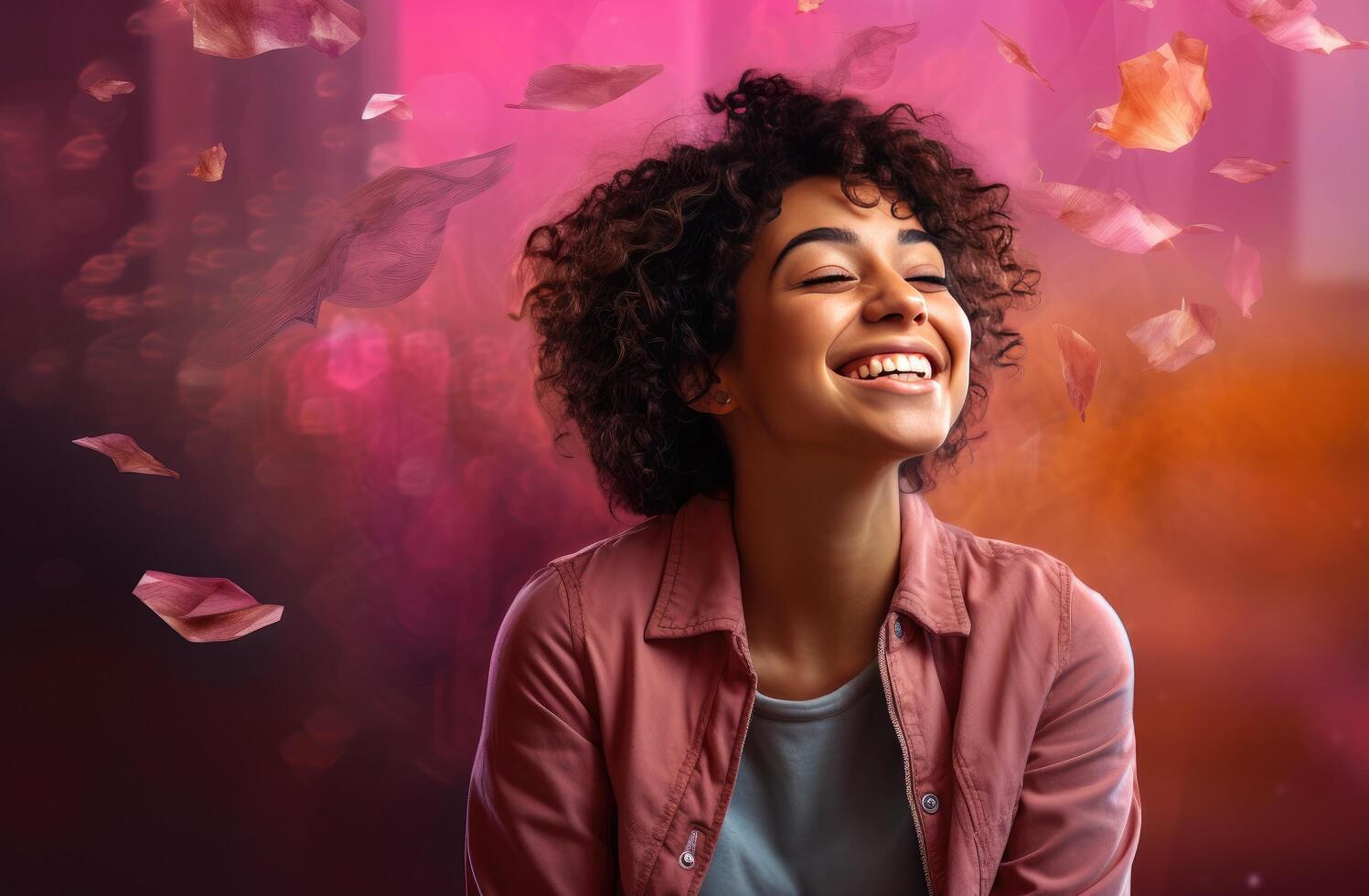 AI generated a woman smiling while using her phone, with a smart phone, photo