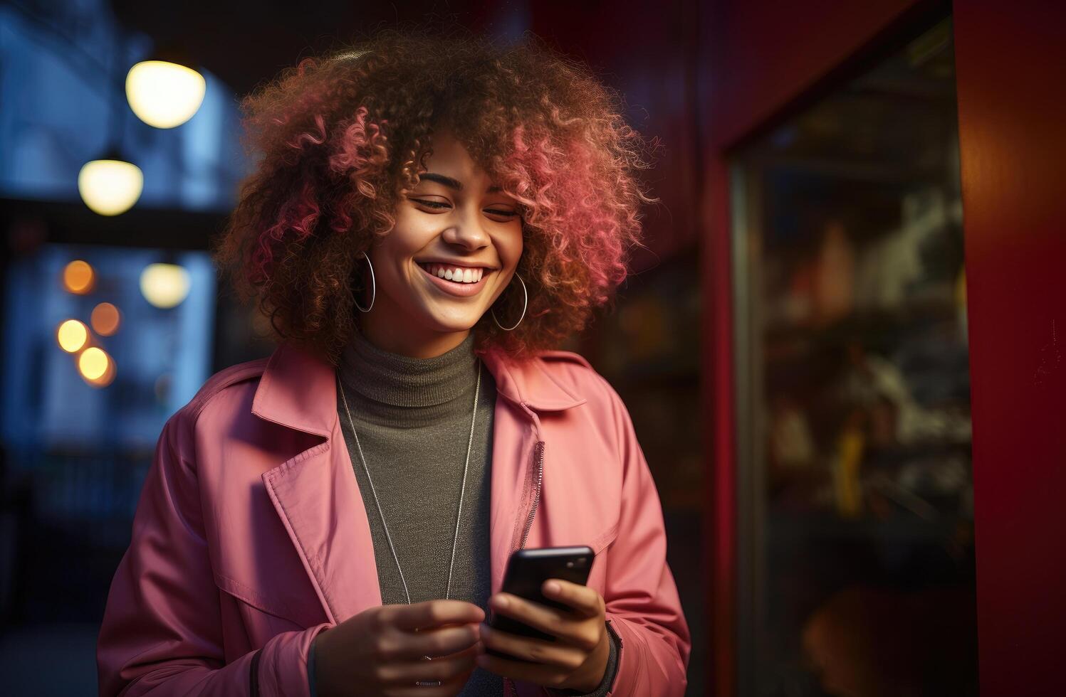 AI generated a woman smiling while using her phone, with a smart phone, photo