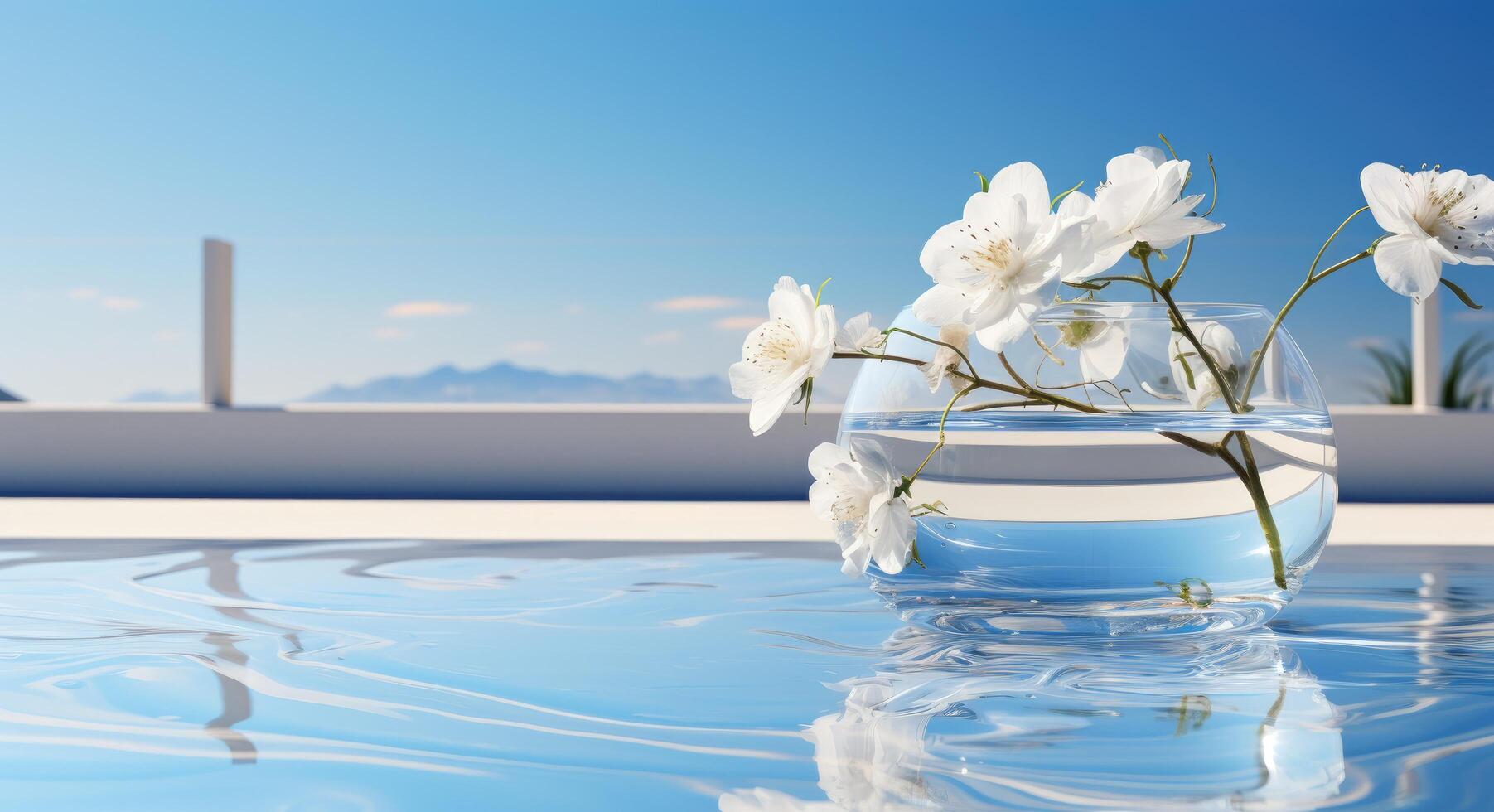 AI generated an empty glass container sits on the edge of a pool with flowers in the background photo