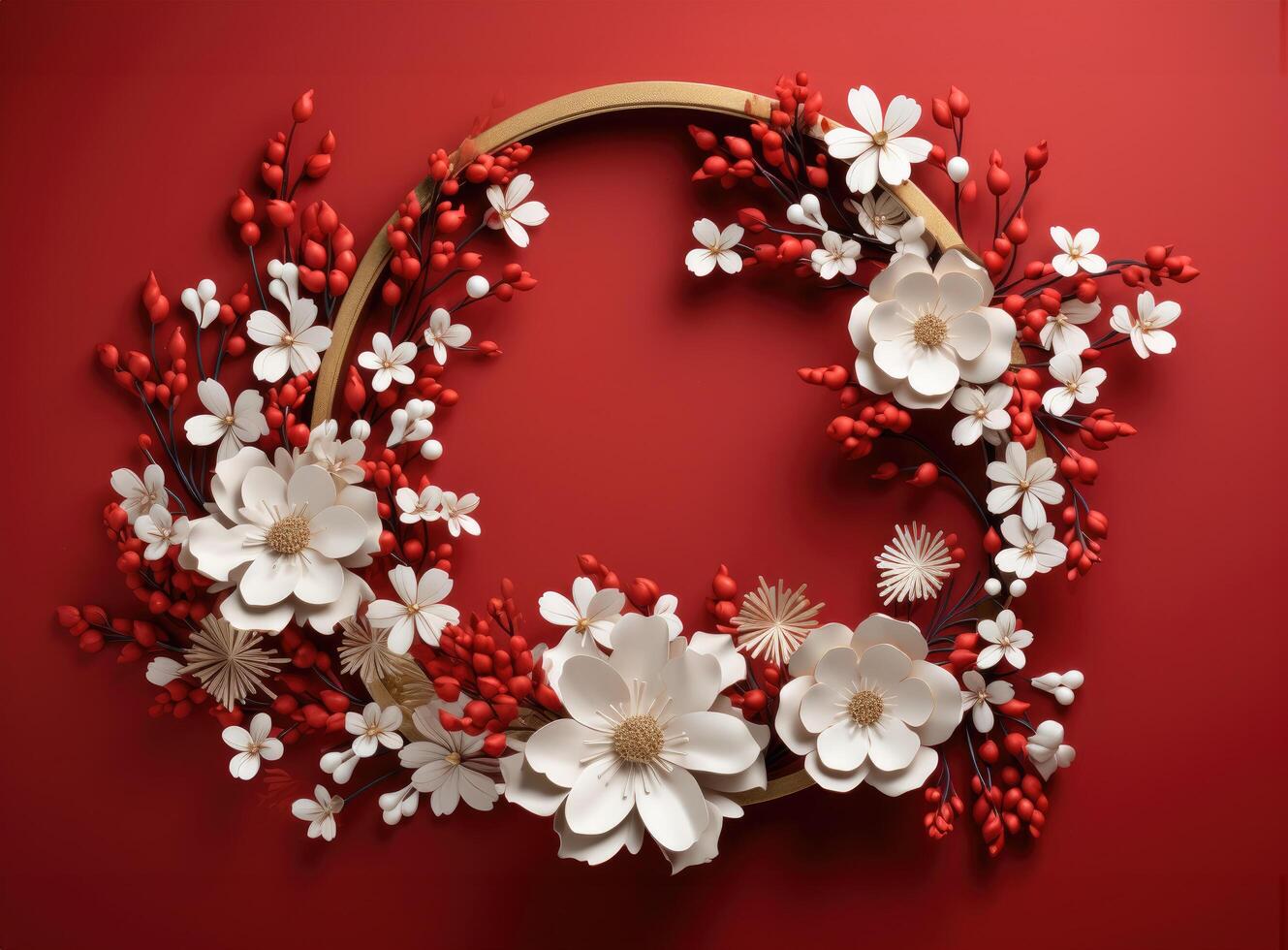 AI generated a flower round paper wreath on a red wall, photo