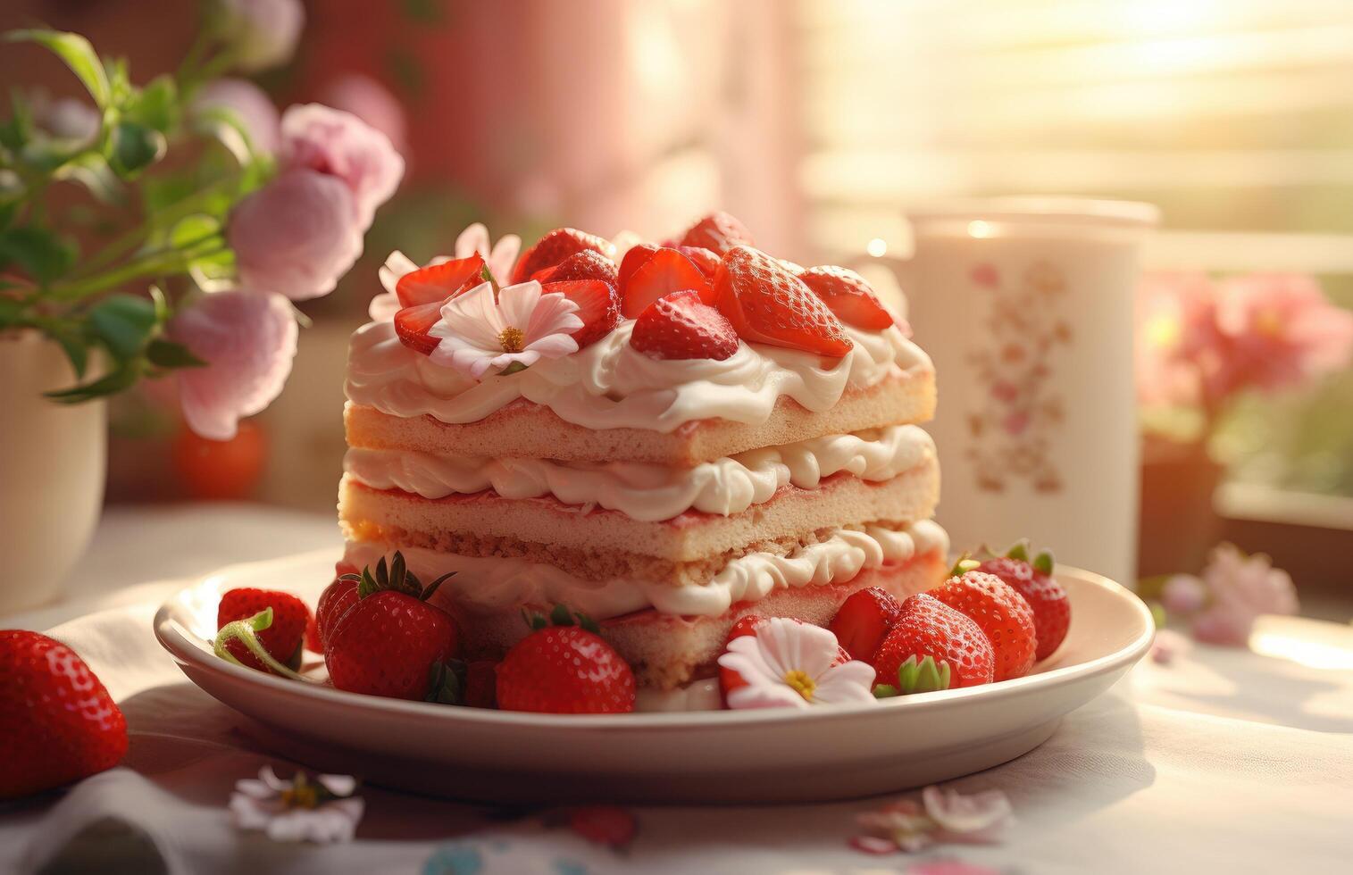AI generated a strawberry cake is being placed on a plate next to a flower photo