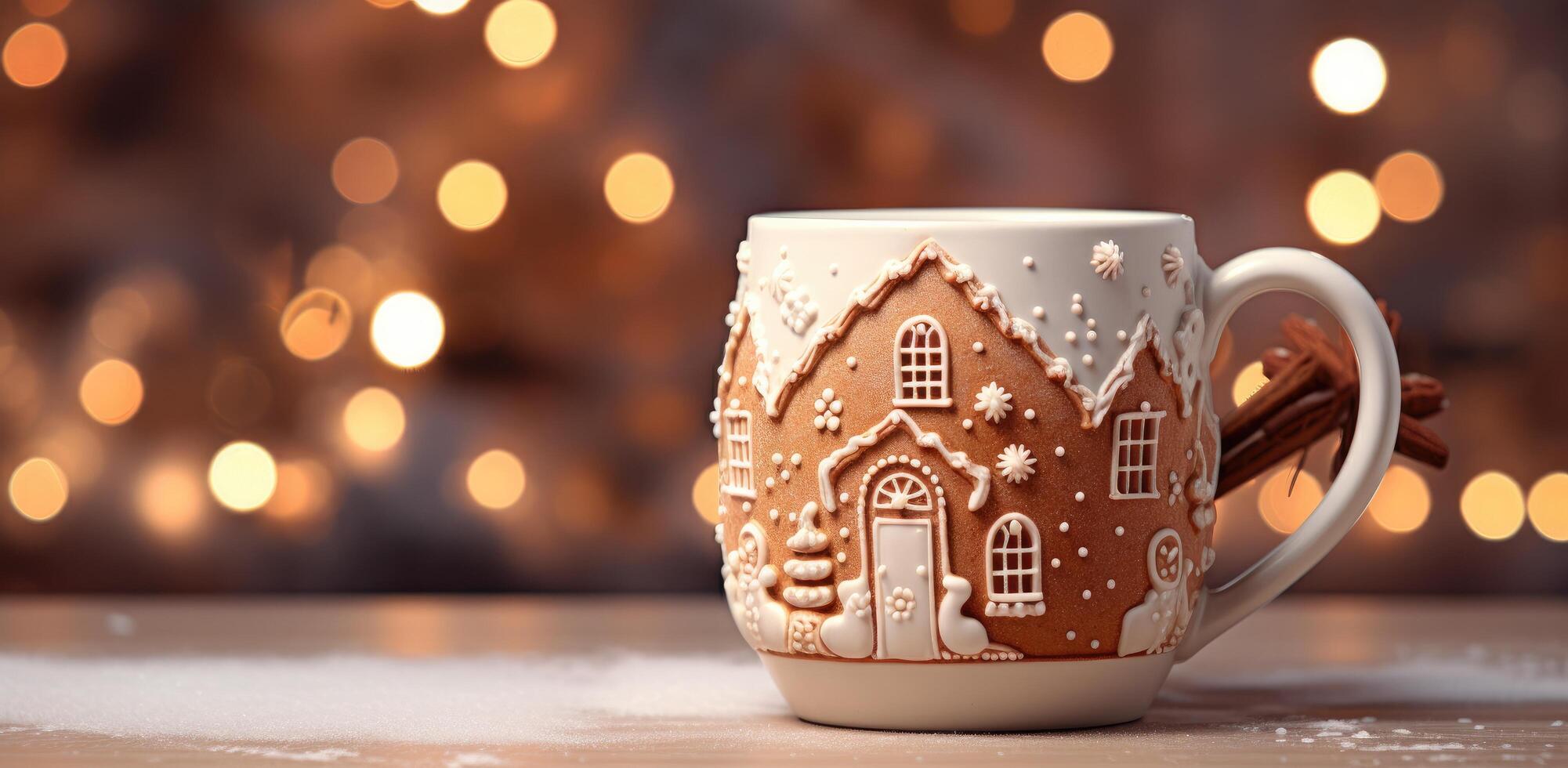 AI generated a small coffee mug decorated with gingerbread and christmas lights photo