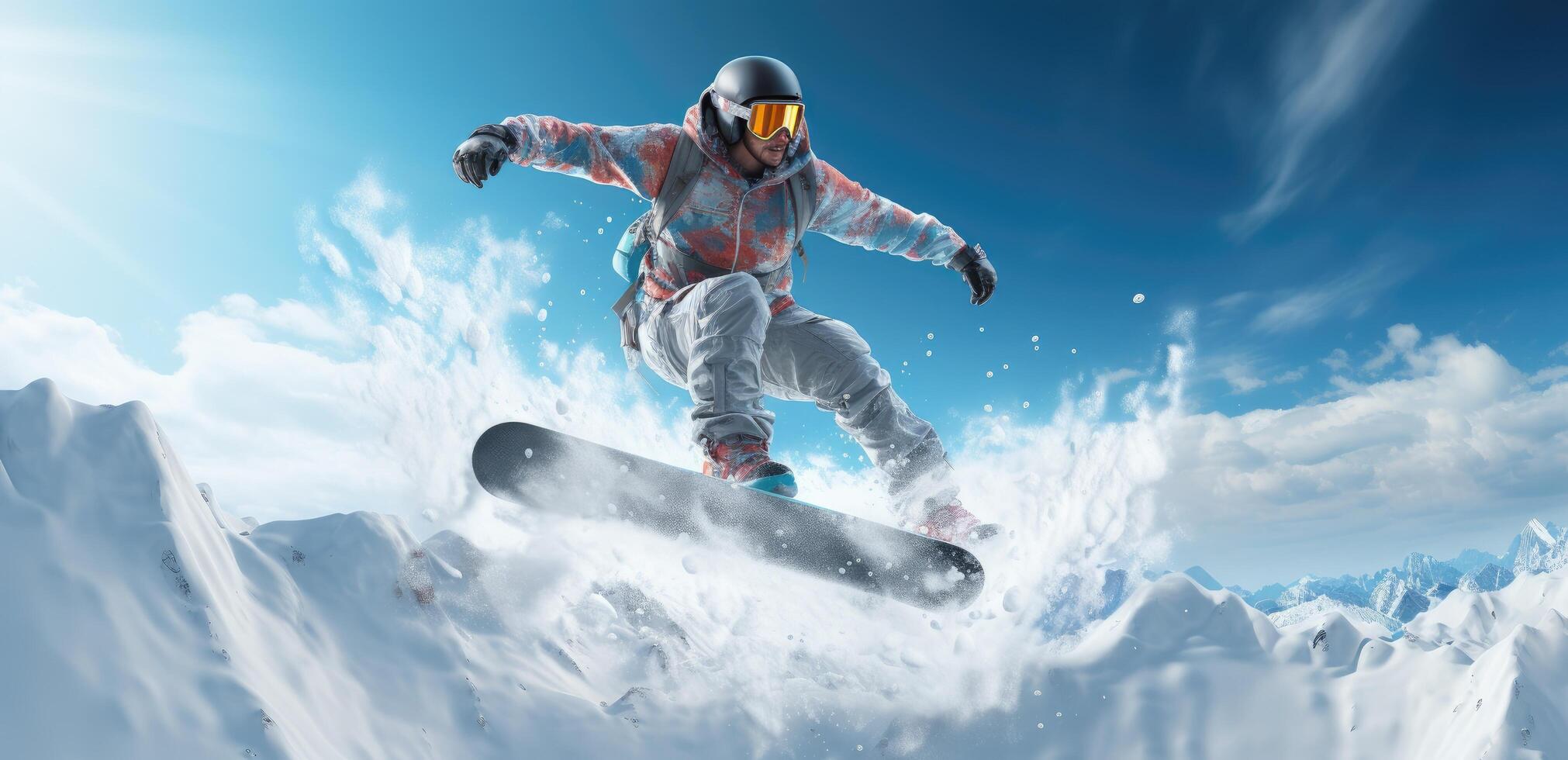 AI generated a snowboarder flying through a snowy valley in an orange hat photo