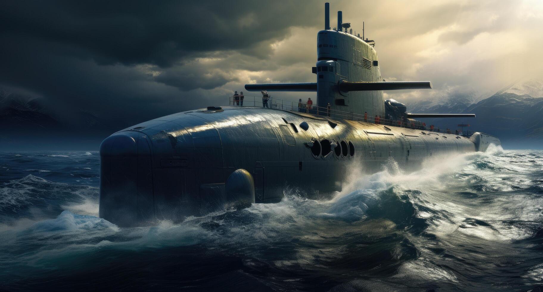 AI generated a navy submarine on an ocean with cloudy skies in the background photo