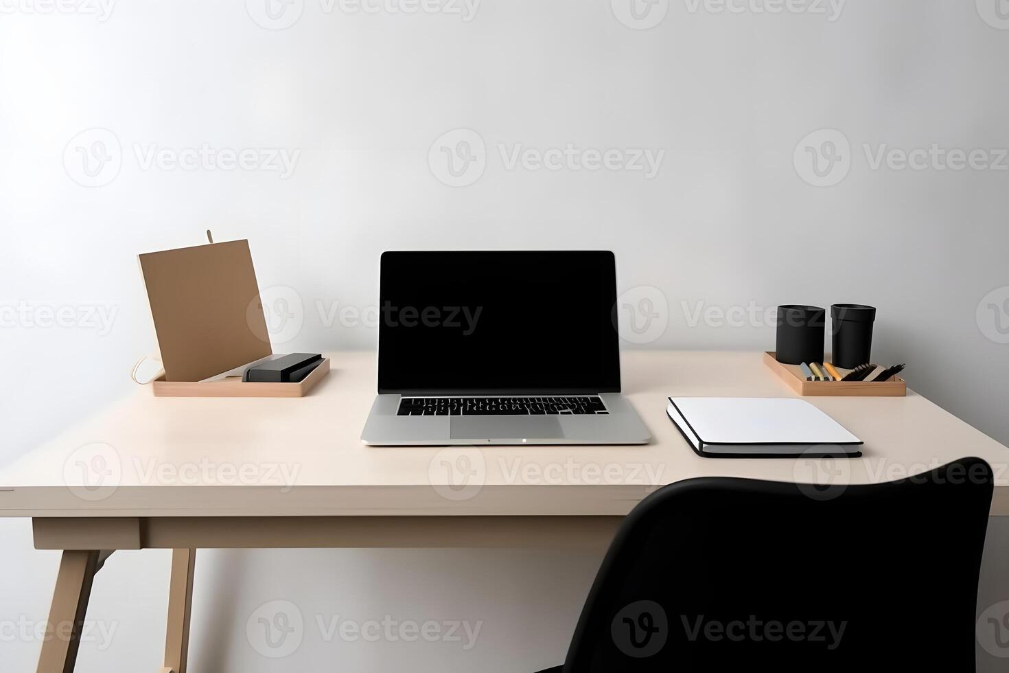 AI generated laptop computer on desk table in home or office cabinet, neural network generated photorealistic image photo