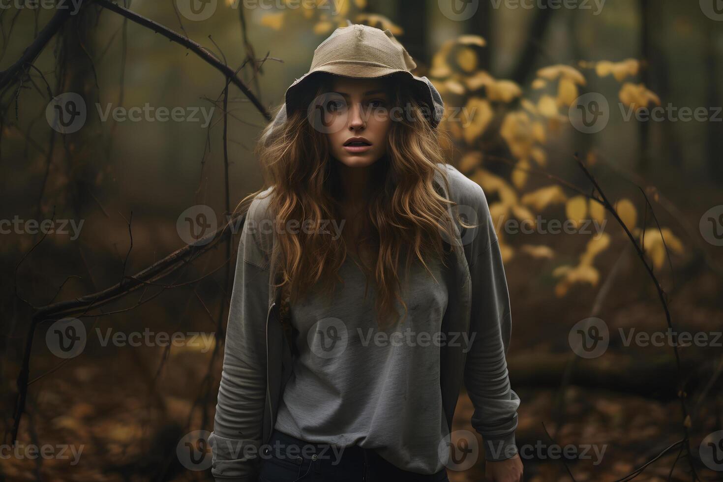 AI generated Caucasian woman lost in forest at autumn day, neural network generated photorealistic image photo