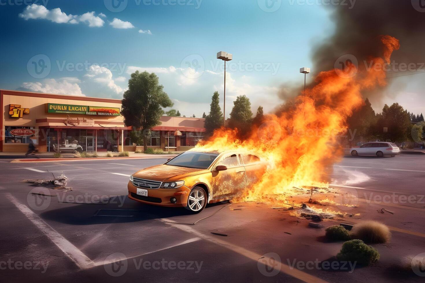 AI generated A car is on fire in a parking lot at summer day, neural network generated image photo