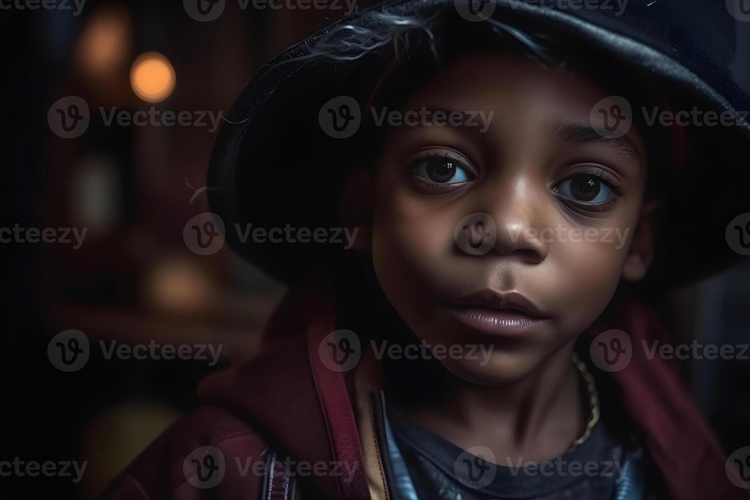 AI generated close portrait of young african american boy dressed in costume for halloween party, neural network generated photorealistic image photo