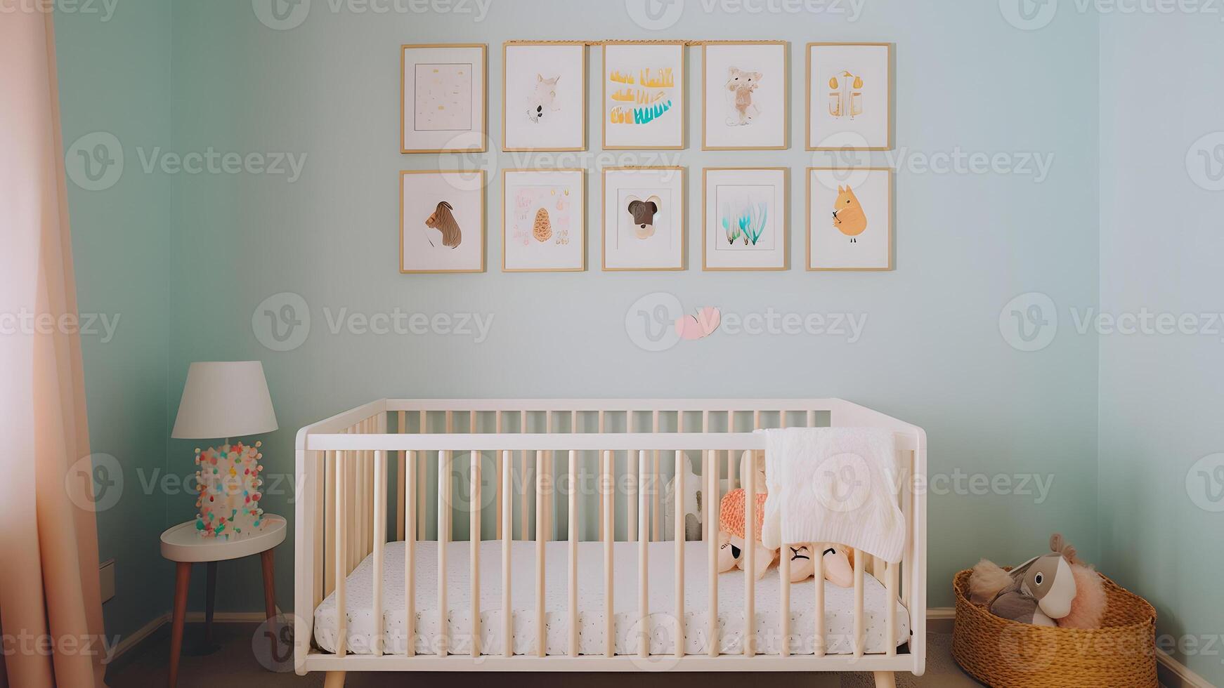 AI generated Bright white minimalist nursery wall with frames above cradle, neural network generated image photo