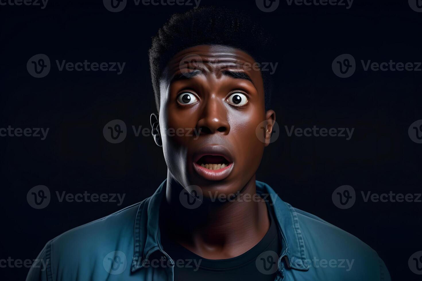 AI generated surprised and scared African American man, head and shoulders portrait on black background. Neural network generated image photo