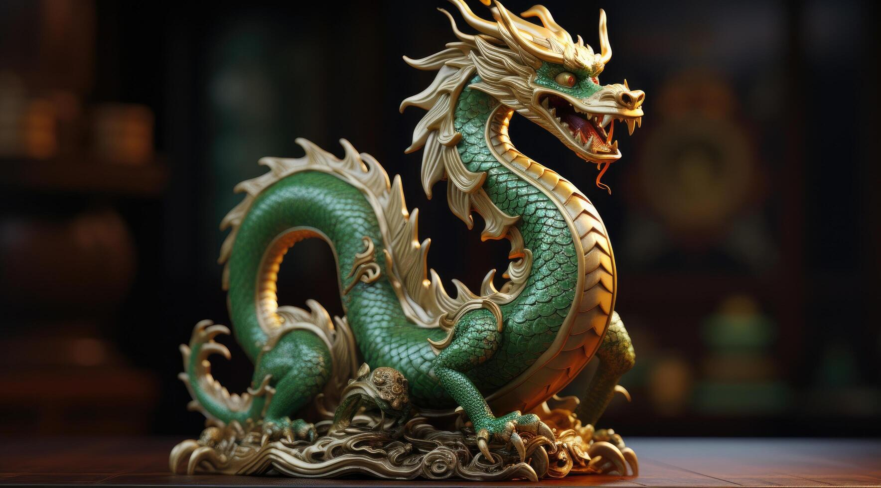 AI generated a figurine of a chinese dragon standing on a table, photo