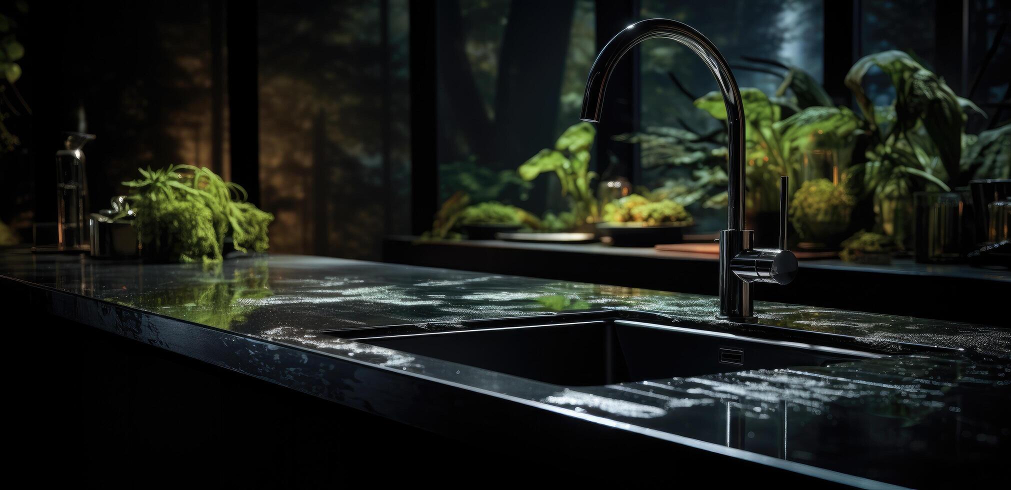 AI generated a dark kitchen with a black island and faucet photo