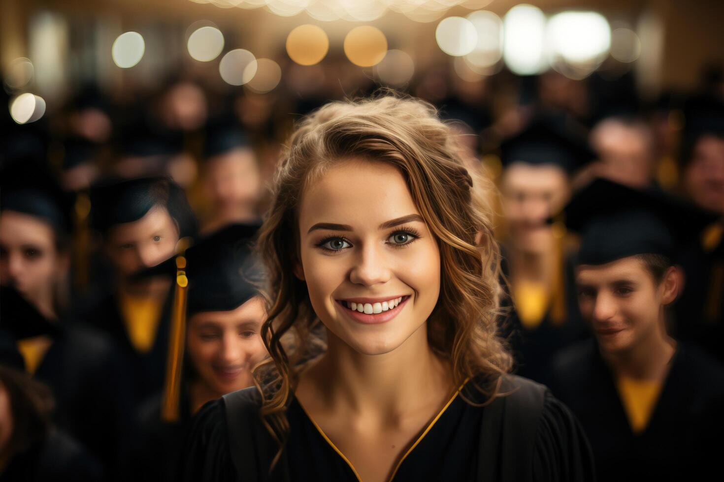 AI generated a young woman with diploma in front of a crowd of graduates, photo