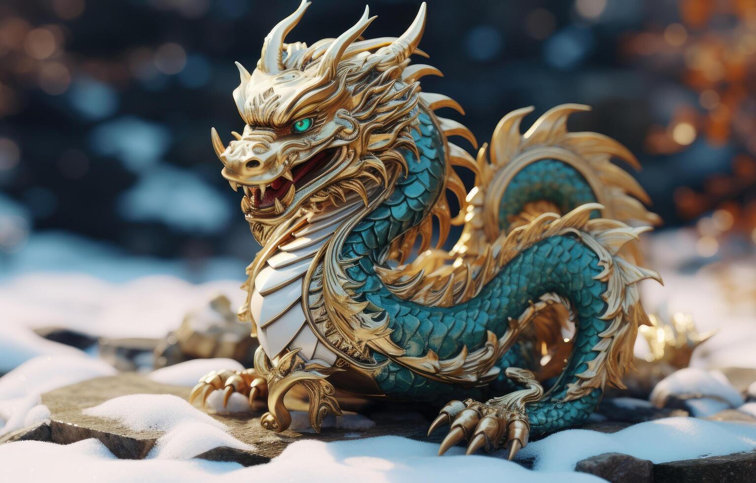 AI generated an animated dragon sitting with his head on a snowy snowy ground photo