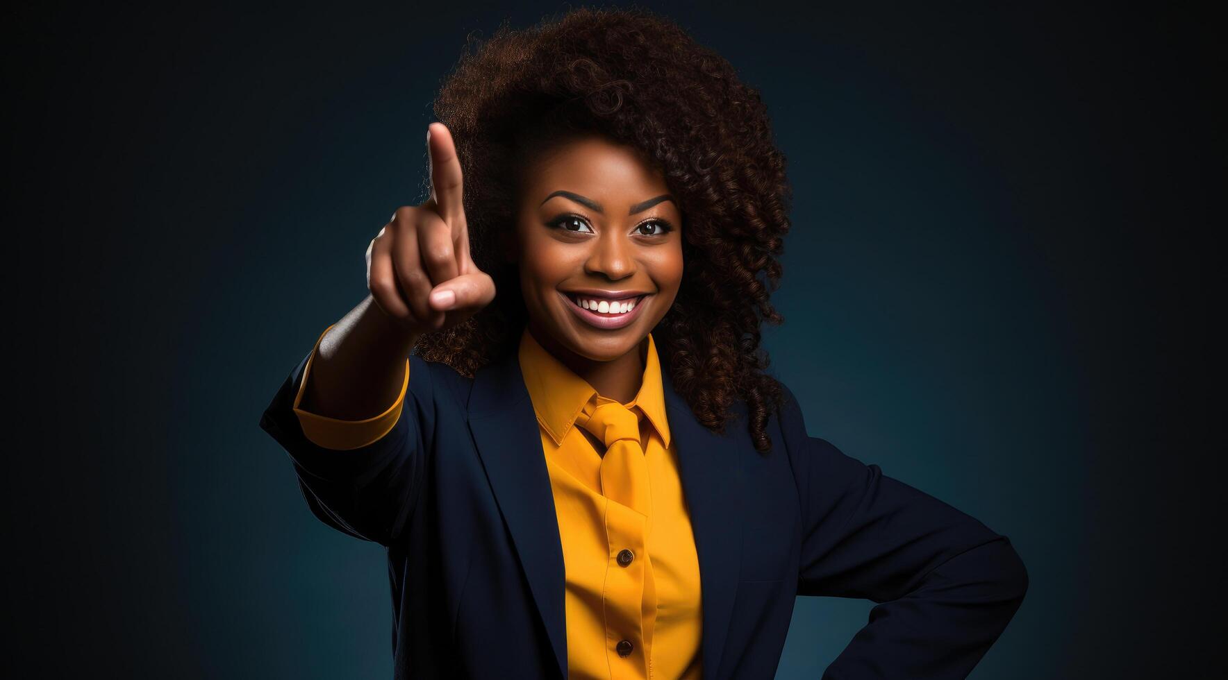 ai generado negro africano mujer señalando señalando a su dedos foto